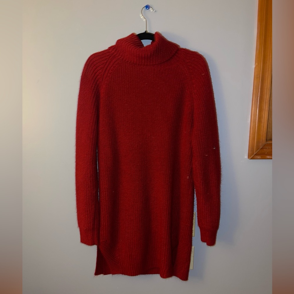 Deep Red Turtleneck Sweater Dress with Slit Sides